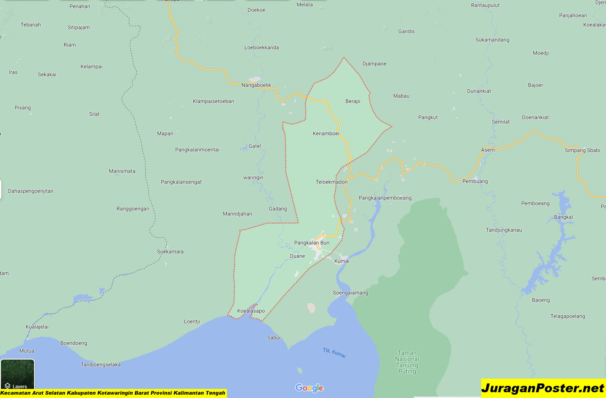 Peta Kecamatan Arut Selatan Kabupaten Kotawaringin Barat Provinsi Kalimantan Tengah